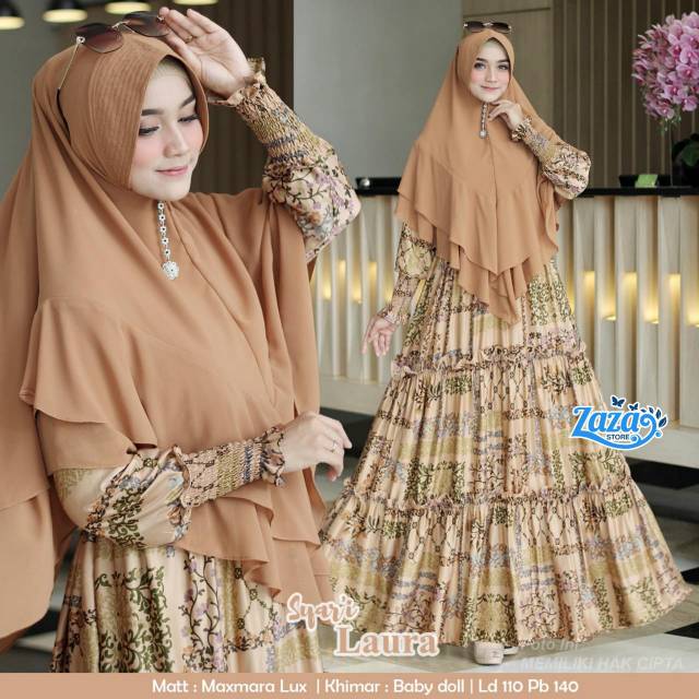 Gamis syari set motif gamis syari motif bunga gamis syari casual Laura Syari by Zaza