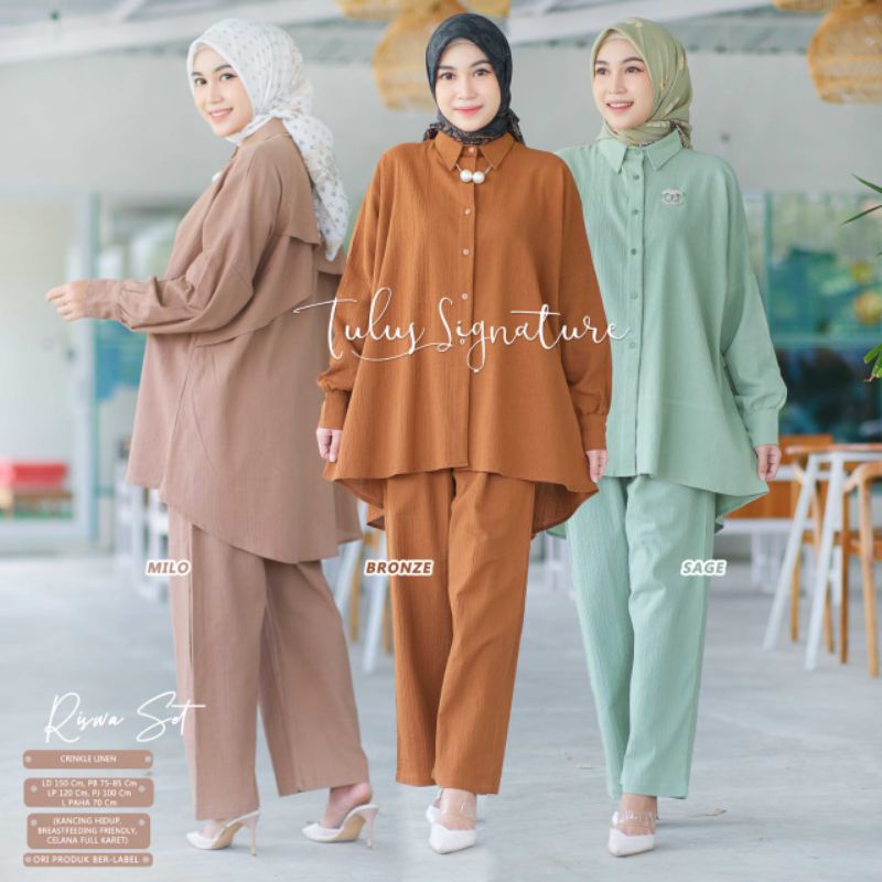 RISWA SET // SETELAN WANITA ONE SET // MOTIF POLOS JUMBO // CRINCKLE LINEN LD 150 // LONG TUNIK KANC