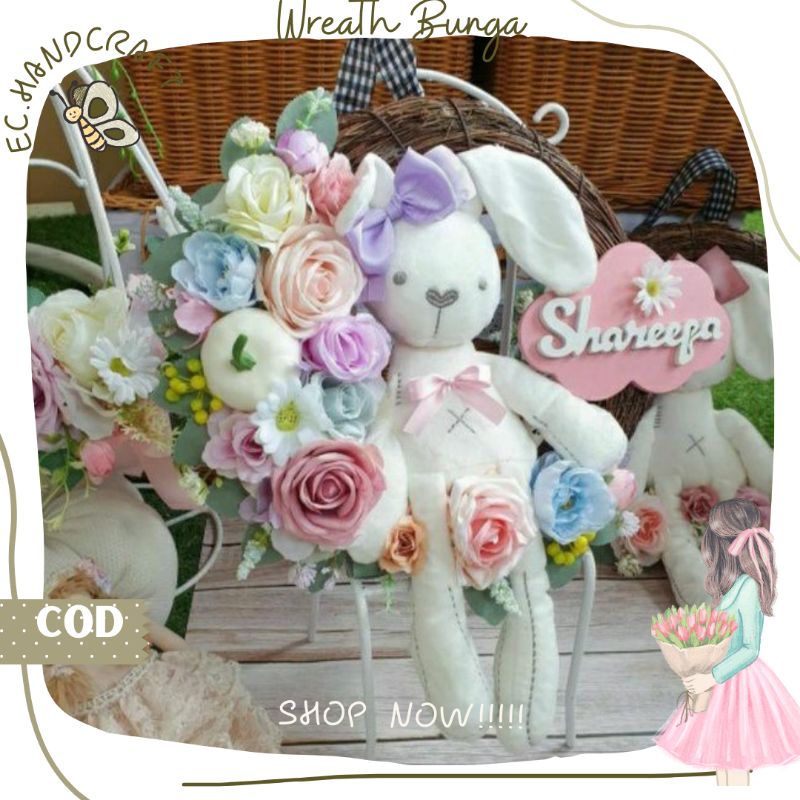 Dekorasi Rumah Hiasan Dinding Pintu Wreath flower Boneka Bunny Tulisan Custom Homedecor
