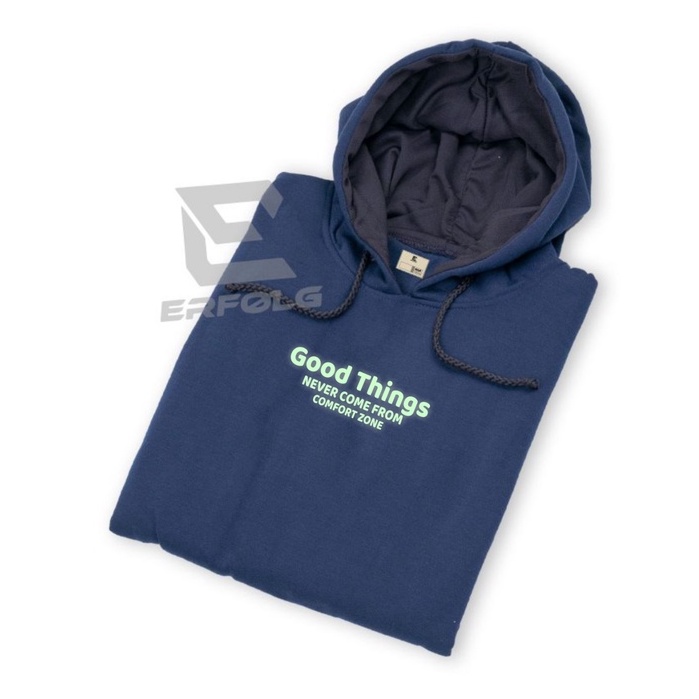 Erfolg Clothing Hoodie Original Pria Wanita Warna Navy Blue Sweater Hudie Cowok Cewek Basic Sablon Good Things Bahan Katun Fleece Tebal Premium Suwiter Oblong Brand Distro Lokal Bandung Couple Pasangan