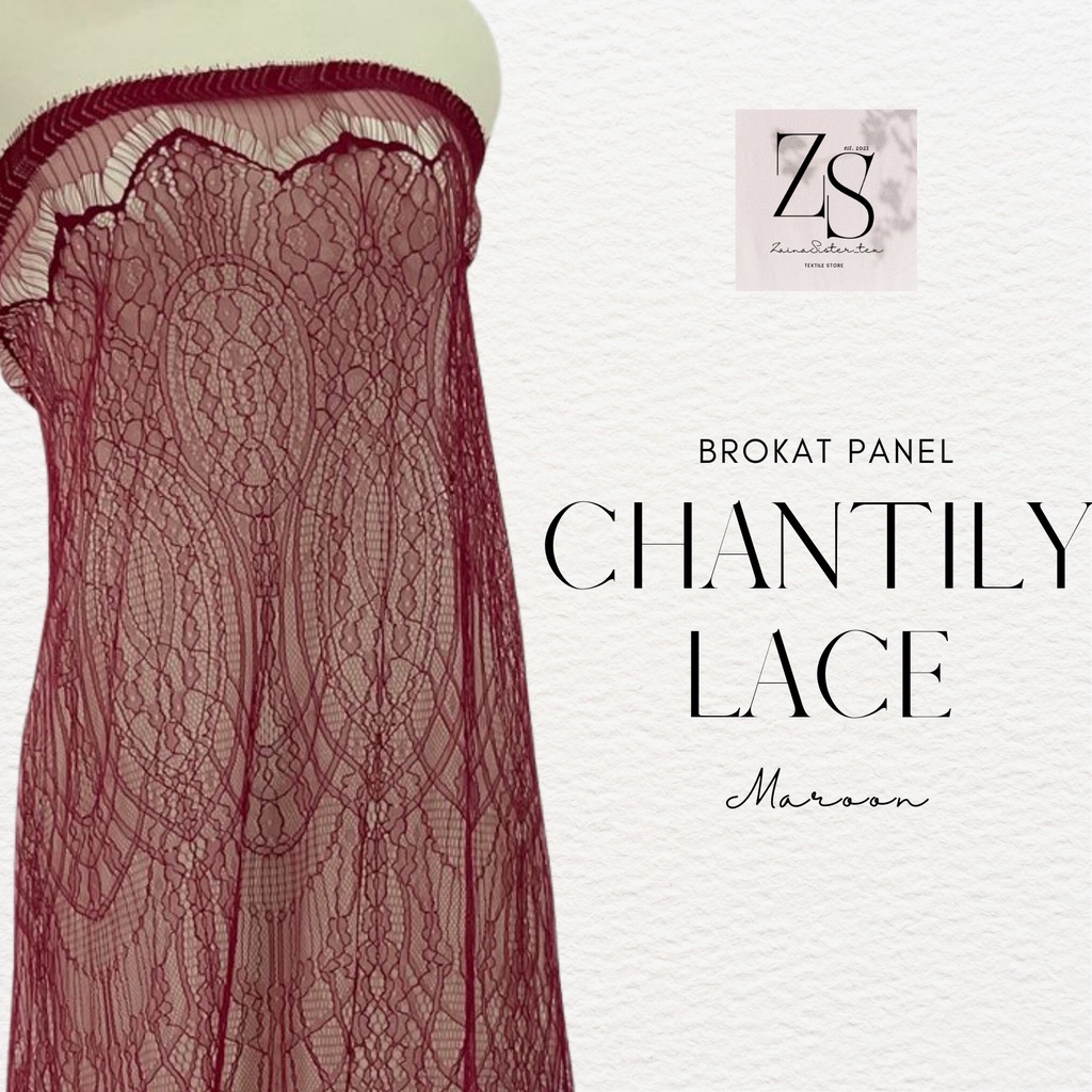 Bahan Kain Brokat Brukat Panel Chantily Lace Semi Prancis France Warna Merah Marun Maroon