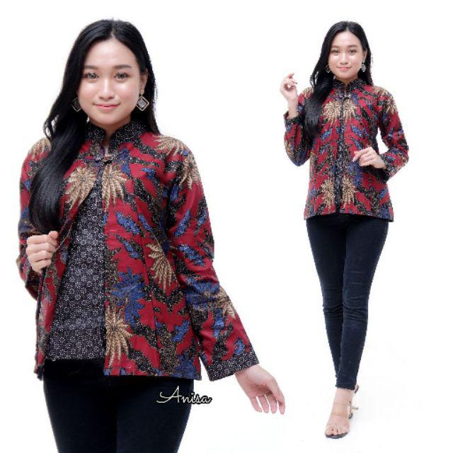 tey-17 Batik wanita ASJ SA HRB026 Kenongo Kemeja Tosca Pendek-Mega merah