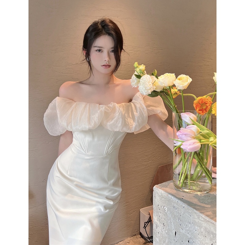 Suhao one-shoulder tube top dress wanita musim panas Hepburn gaya kolase Prancis high-end dengan rok