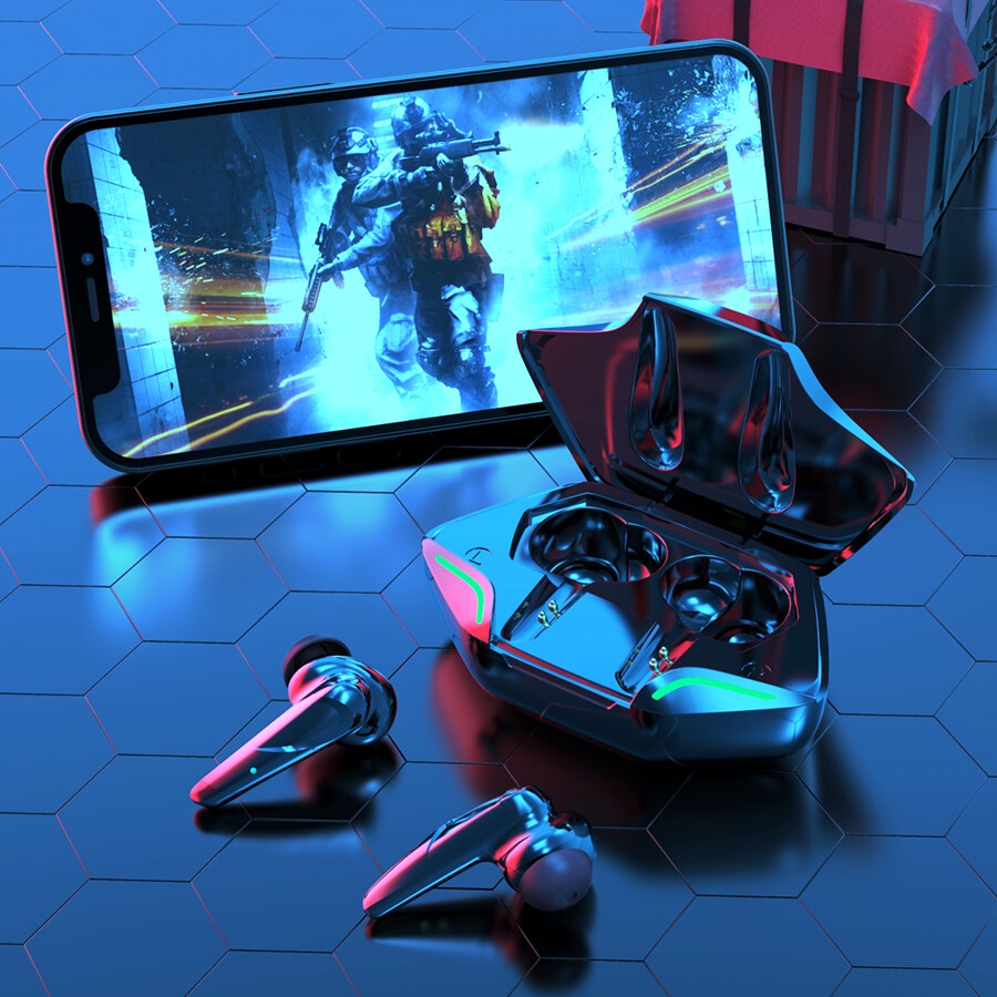 JTKE TWS Earphone Gaming Bluetooth Nirkabel, Earbud Olahraga Tahan Air Tampilan LED Peredam Kebising