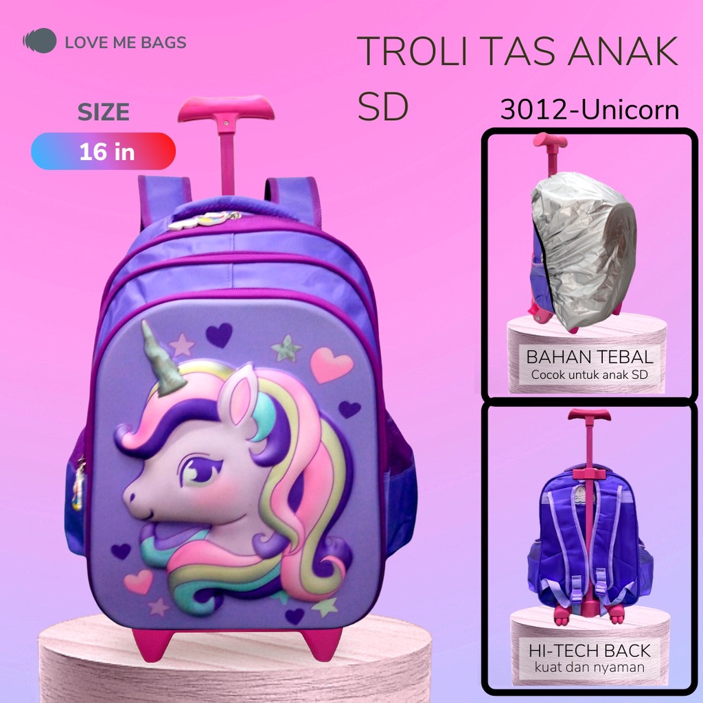 LMB Tas Troli Anak Perempuan SD Gambar Karakter Kuda Poni Unicorn Timbul 6D Import Bahan Nilon Premium