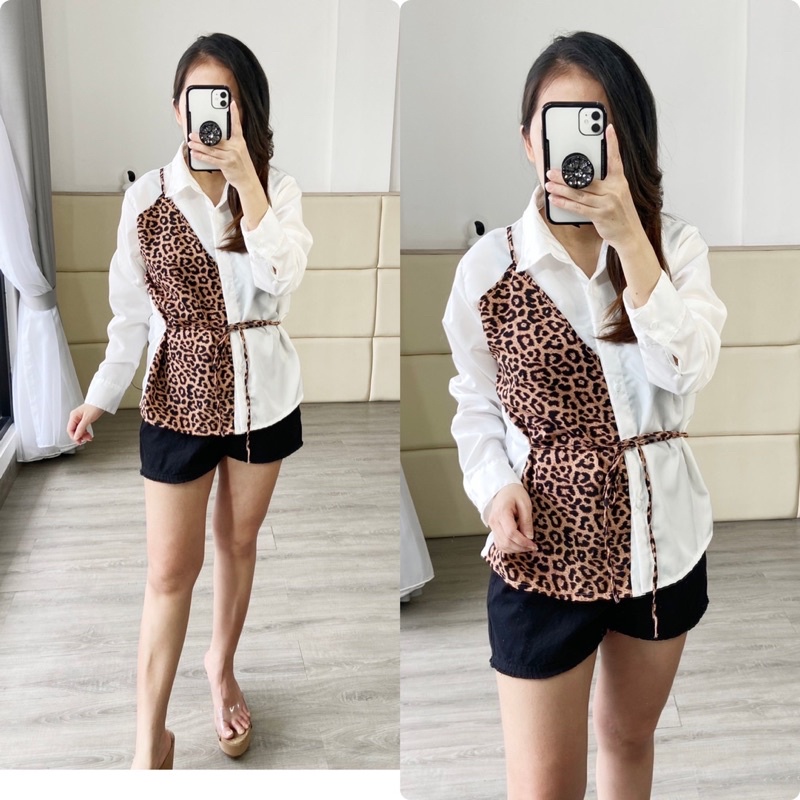 real pic kemeja fashion wanita LD 110 / kemeja elegant twotone leopard