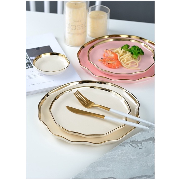 (Garansi Pecah) piring keramik dan mangkok keramik Gold Rim pink dan crem Ceramic  bowl and plate