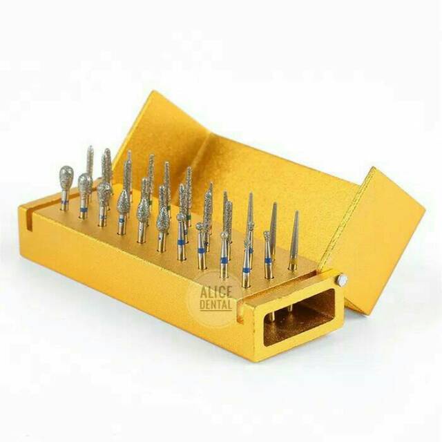 Bur set diamond bur high speed isi 30 burs dental bur gigi + tempat kotak logam bur gigi holder highspeed bulat round flame fissure