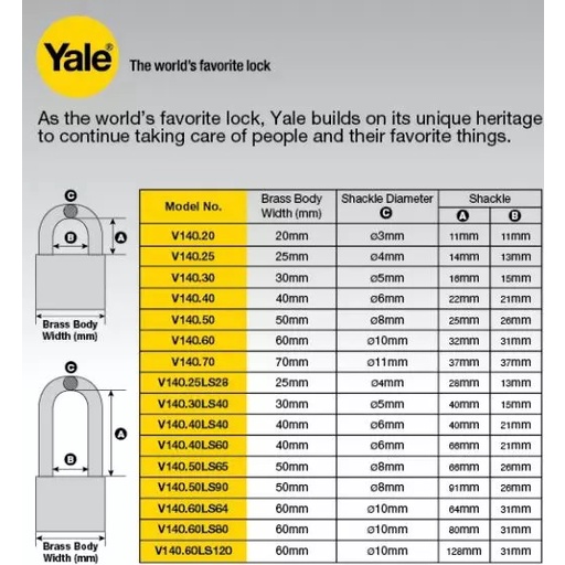 Yale V140.50 LS 65 Gembok Pagar Kuningan 50mm Leher Panjang 65mm Padlock Brass Hardened Steel