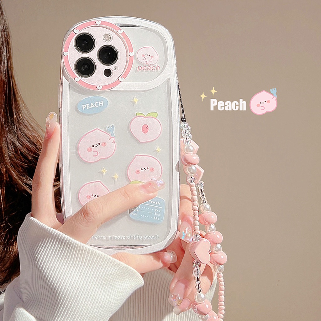 Case Pelindung Transparan Motif Peach Dengan Rantai Hati Untuk Iphone 11 12 13 Pro MAX