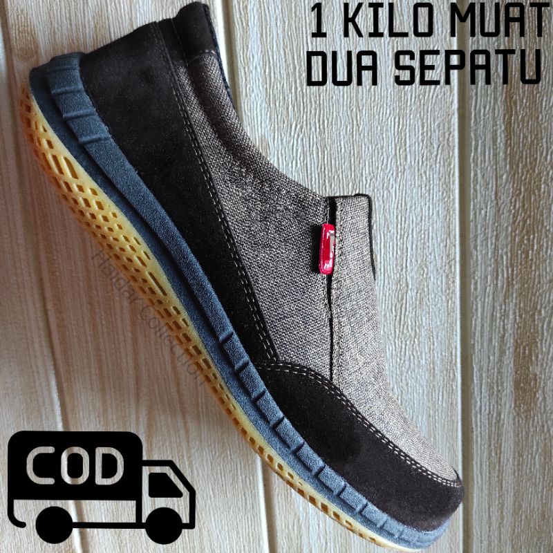 Sepatu Pria Slip On Kasual Cowok Kulit Sintetis Suede Kanvas Sol Karet Lentur Premium