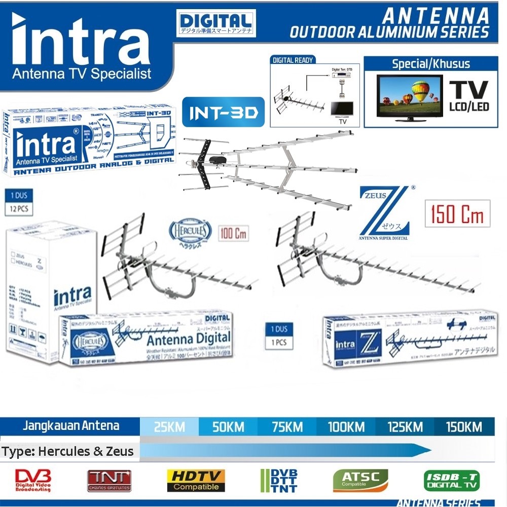 Intra Antenna Super Digital  Gain 28dBi Antena TV Specialist Panjang 100-150cm Hercules Zeus INT-3D 
