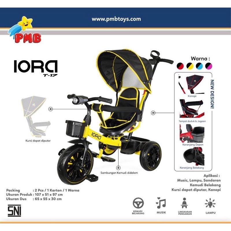 Sepeda Anak Tricycle IORA T17 PMB TOYS Roda Tiga Garansi Original SNI COD-Hitam Kuning