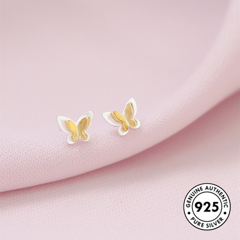 Anting Tusuk Motif Kupu-Kupu Lucu Bahan Sterling Silver 925 Warna Emas Untuk Wanita