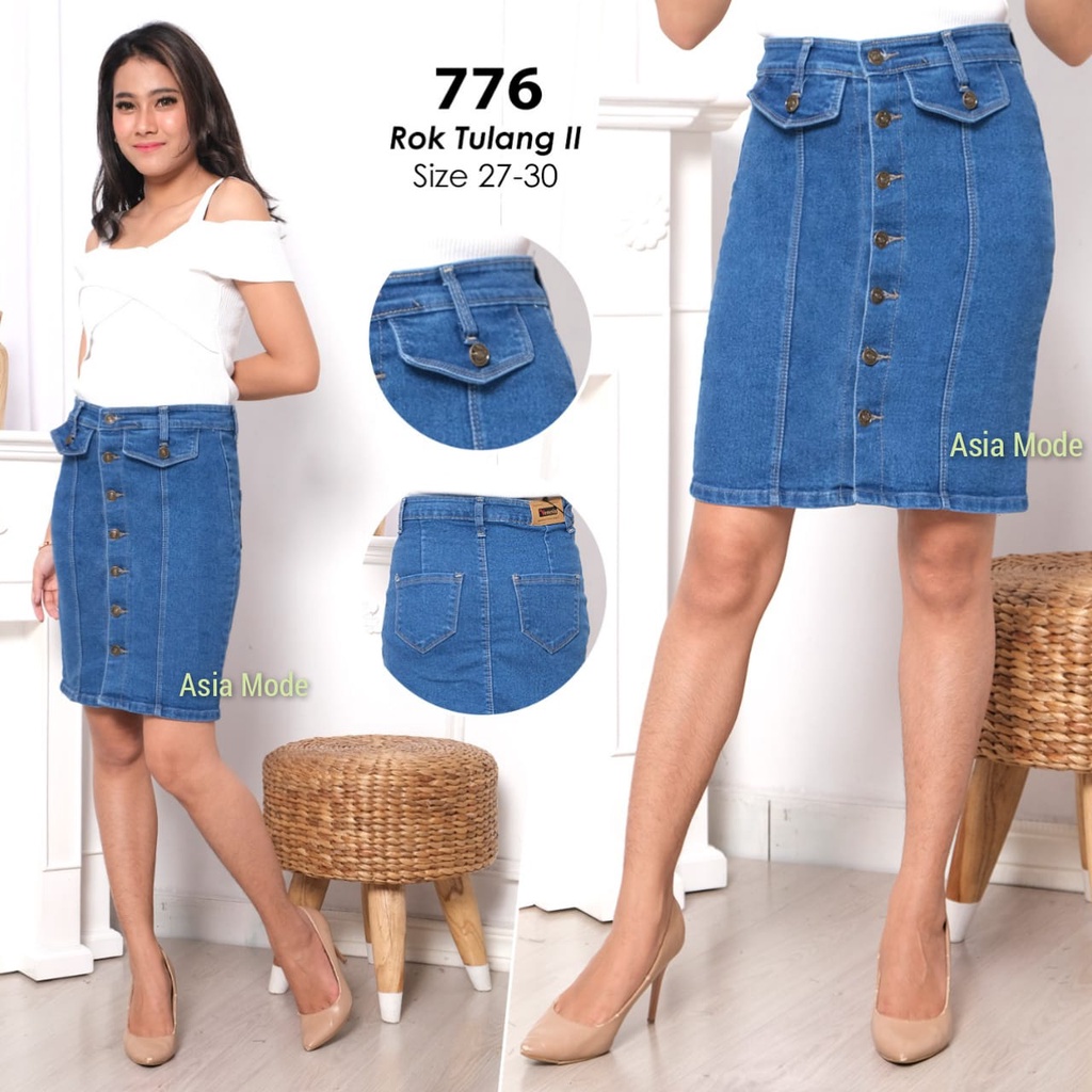 Asia Mode - Rok Span Jeans Tulang Bukaan Kancing Depan Wanita / Rok Pendek Denim Garis Full Kancing 