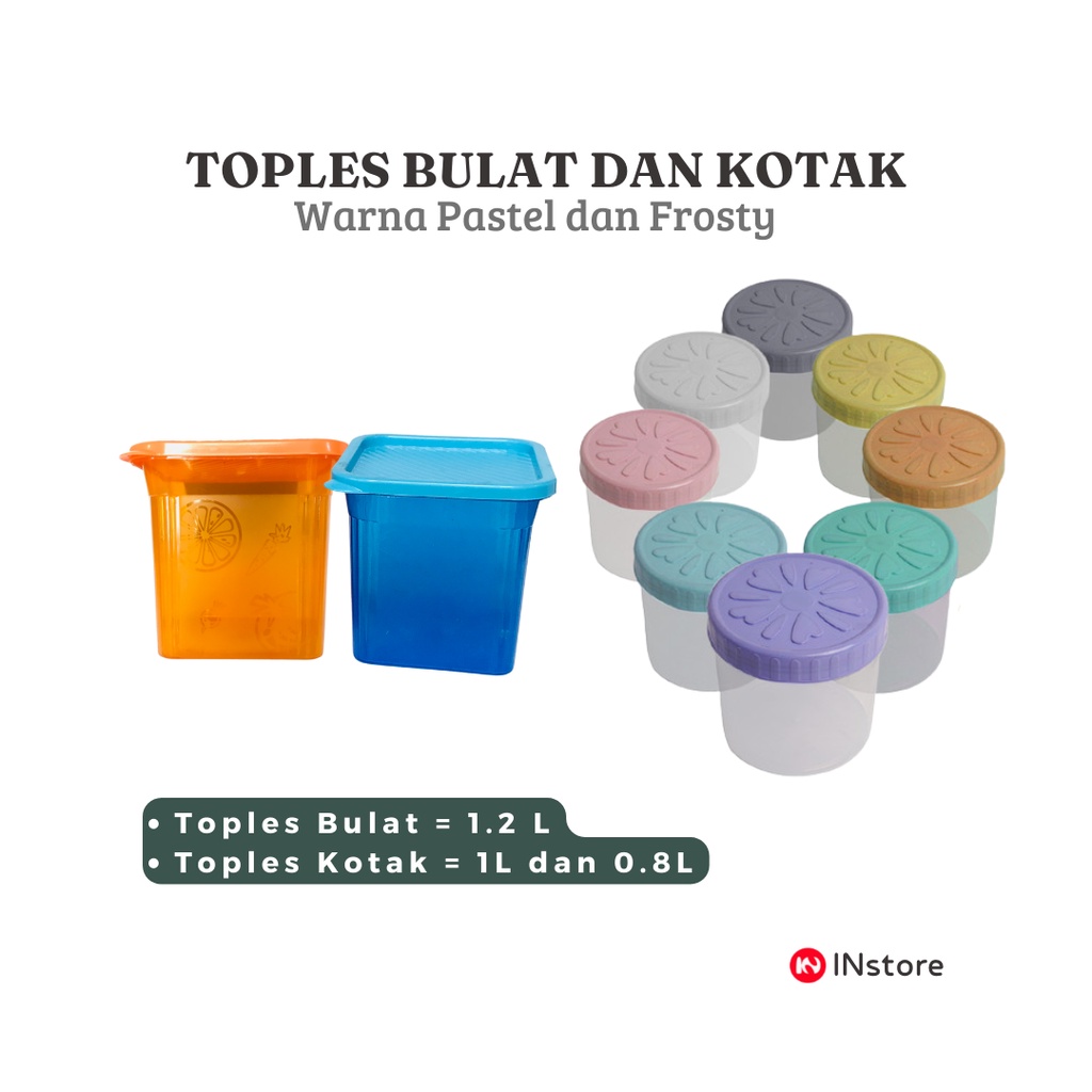 Toples Bulat dan Kotak Warna Pastel dan Frosty Ukuran 800ml, 1000ml dan 1200ml