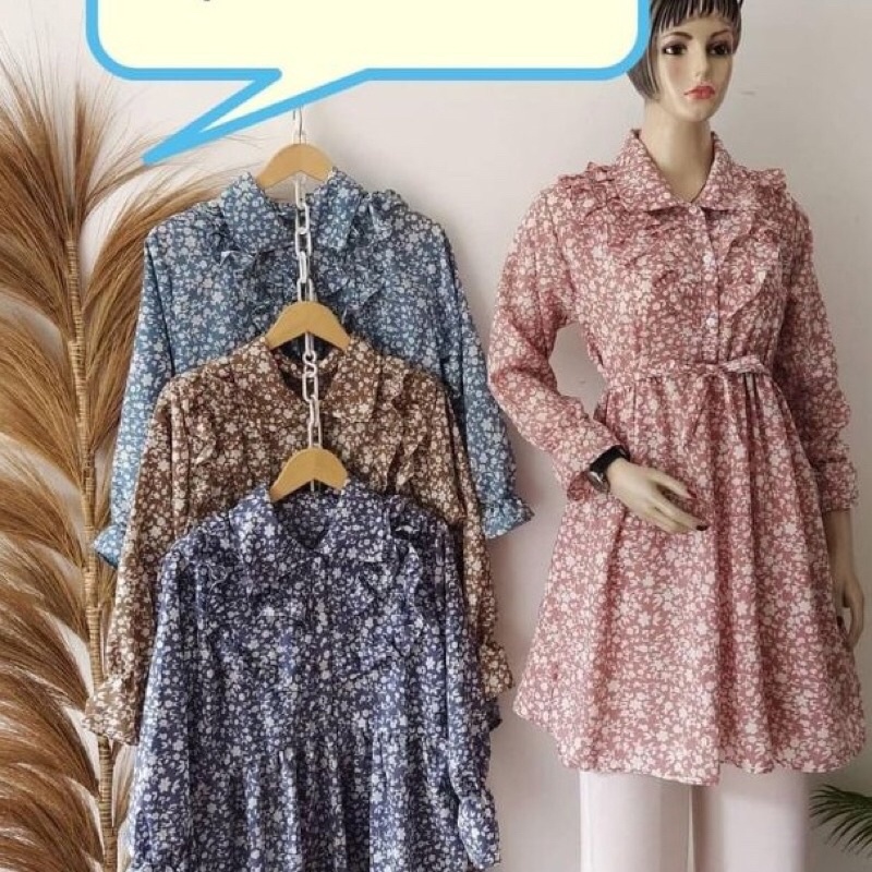 tunik motif bunga kecil bahan shakila - tunic long tunik - pakaian baju blouse kaos atasan kemeja bu