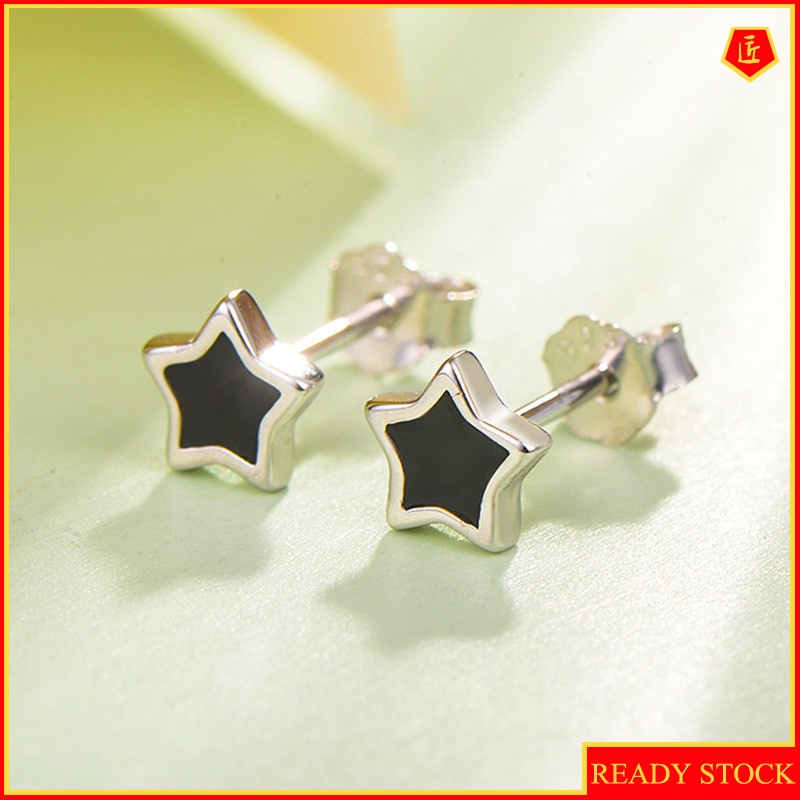 [Ready Stock]Silver Black Classic Heart-Shaped Geometric Ear Studs