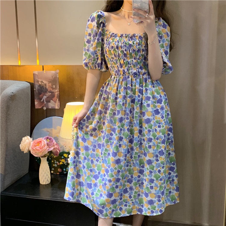 2022 New Fashion Korean Style Chiffon Floral Print Casual Midi Dress Pink Blue Summer Short Sleeve Sexy Off Shoulder Women Beach Bali Dresses 2023t