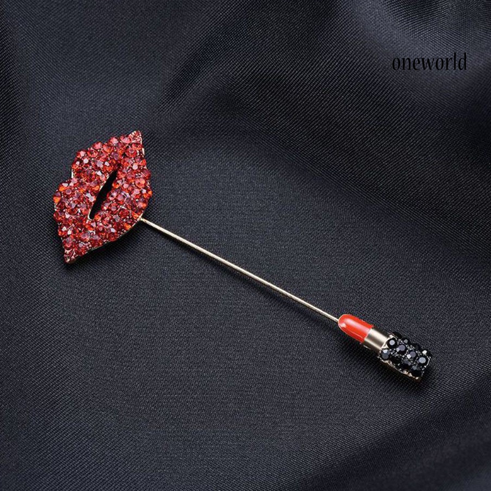 OW@ Red Lips Lipstick Rhinestone Inlaid Brooch Pin Women Cardigan Shawl Breastpin