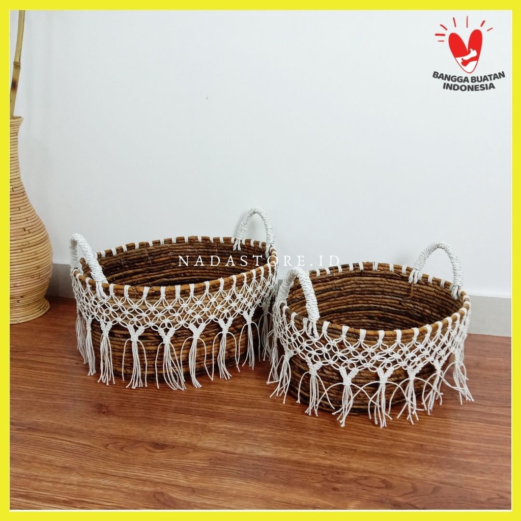 KERANJANG ANYAMAN PELEPAH PISANG OVAL RAJUT MACRAME