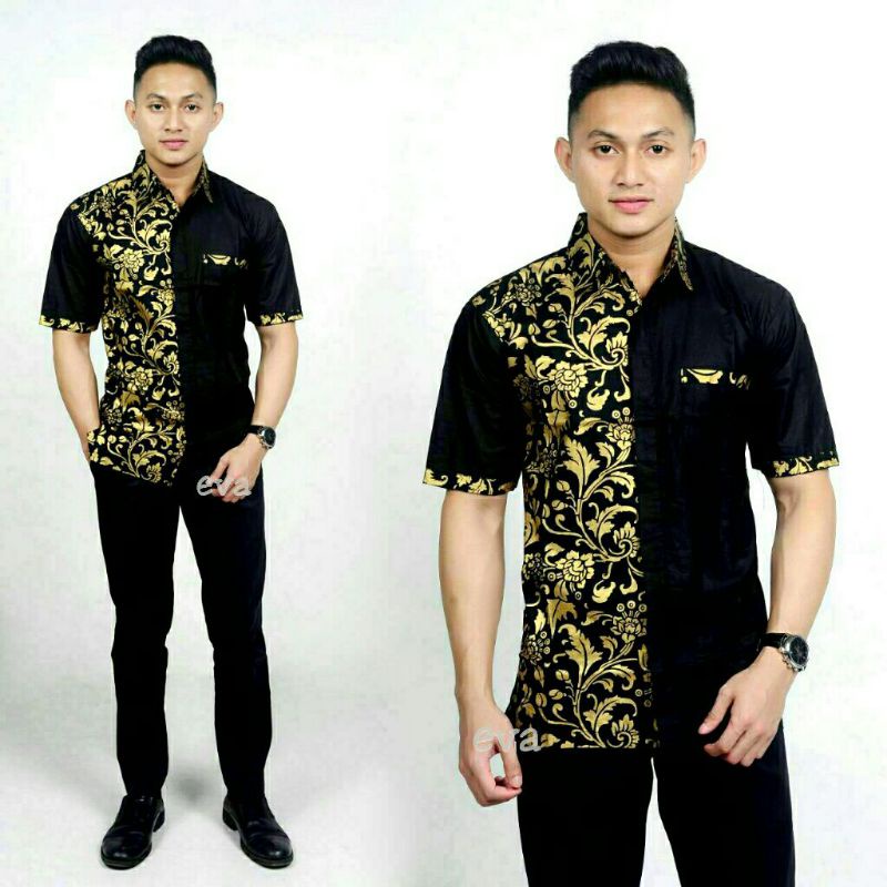 HEM BATIK KOMBINASI PRADA ATASAN BAJU BATIK PRIA COWOK WARNA HITAM GOLD LENGAN PENDEK KERJA KANTOR
