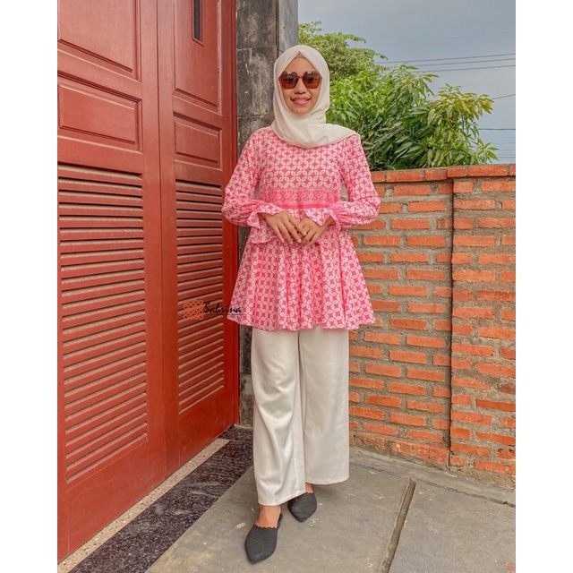 Chana Peplum Blouse Atasan Batik Modern Wanita Kerja Kantor Cantik Pastel Kekinian