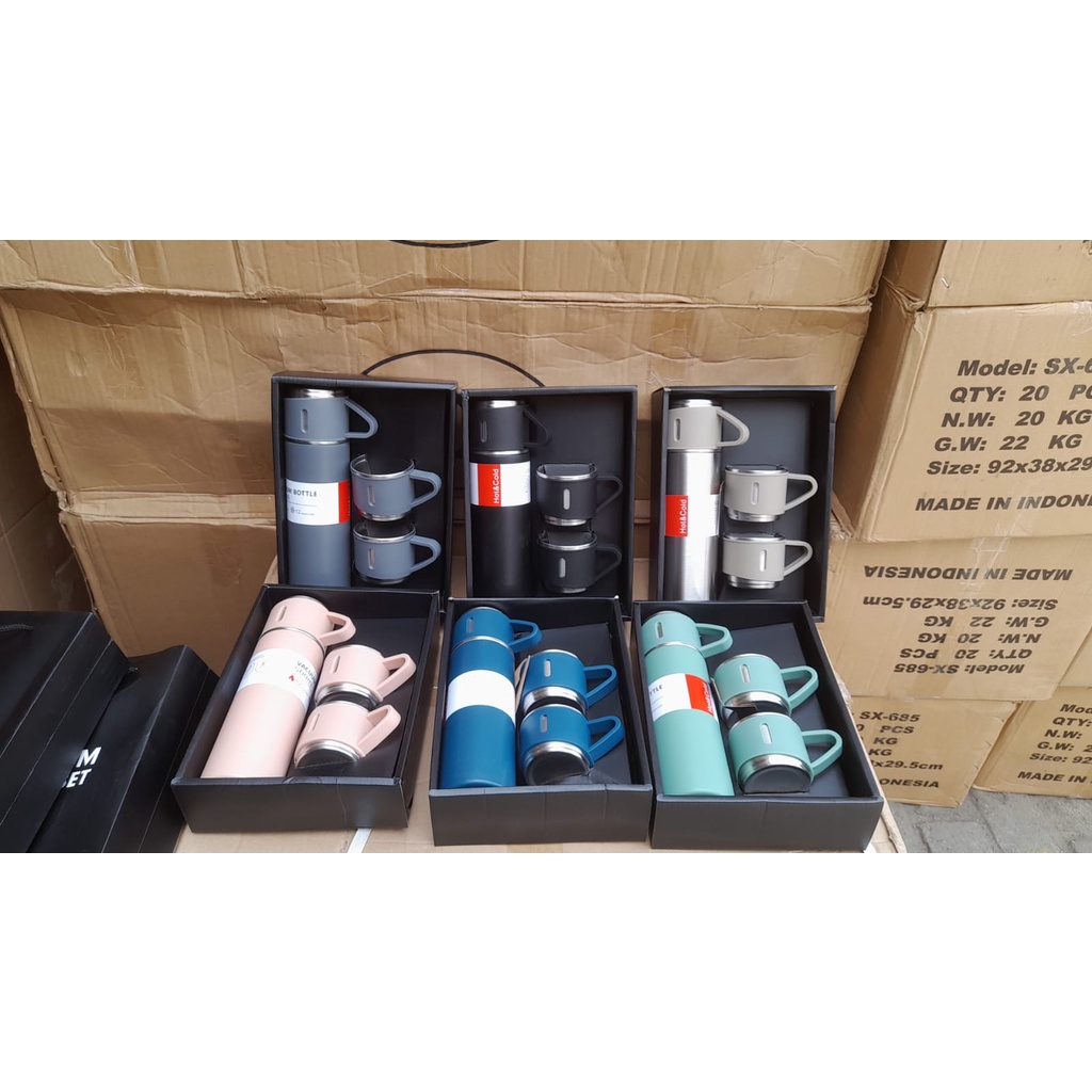 Termos Vacuum Flask Gift Set Hampers 500ml / Termos Cangkir Set /  TERMOS PANAS DINGIN ES KOPI TEH DENGAN FREE TUTUP GELAS 2PCS TAHAN LAMA BISA BUAT KADO BEKAL ANAK SUAMI ISTRI KANTOR SEKOLAH