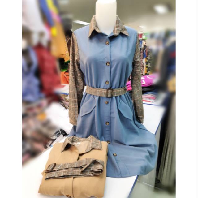 Tunik kancing polos kombinasi tangan kotak pinggang karet busui chun li