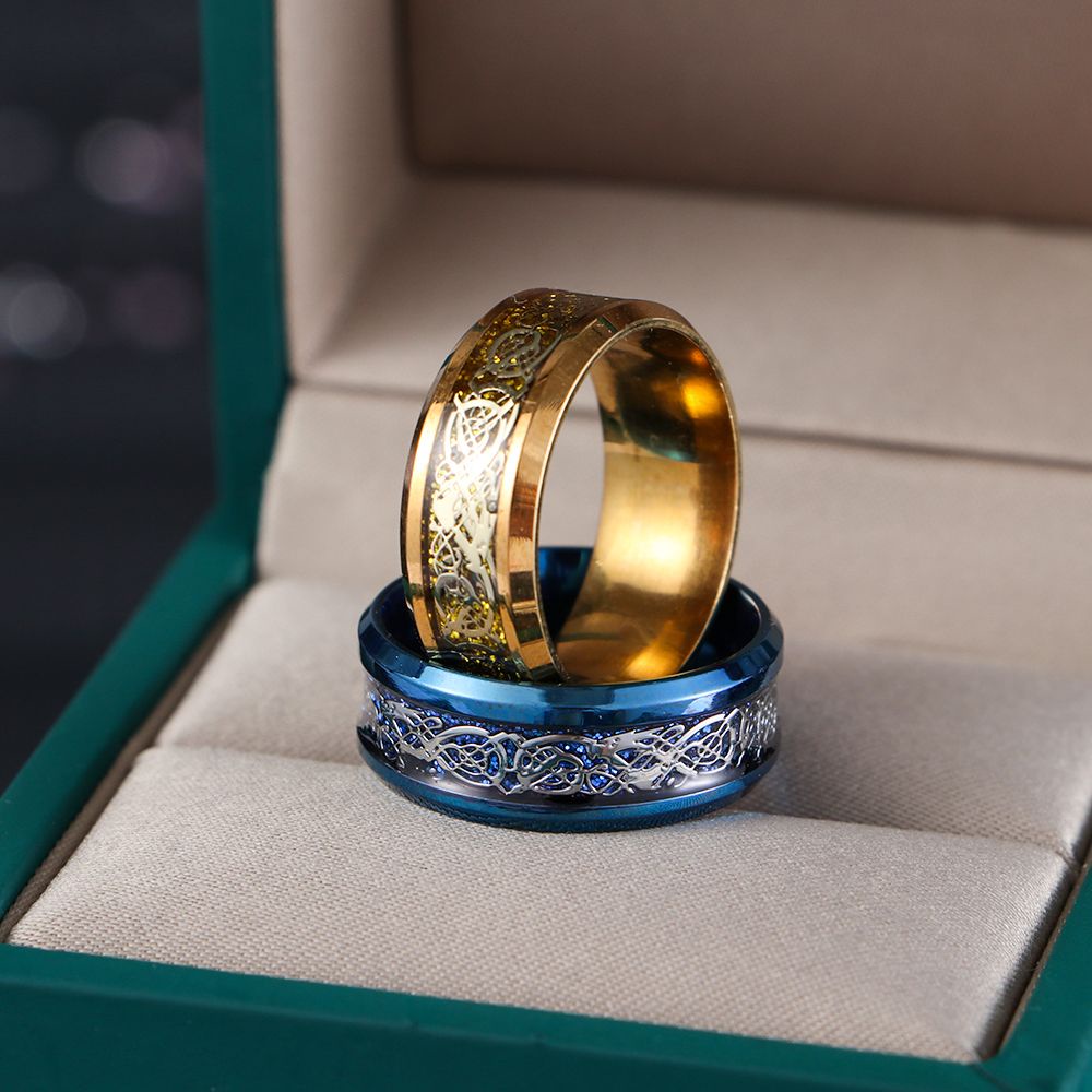 Cincin Desain Naga Bahan Stainless Steel Ukuran 8mm Aneka Warna Gaya Vintage Untuk Pria