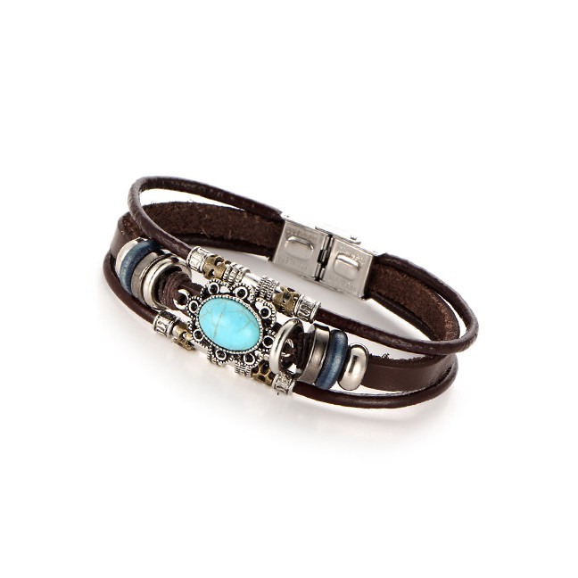 LRC Gelang Tangan Fashion Silver Faux Leather Inlaid Oval Turquoise Bracelet D09748