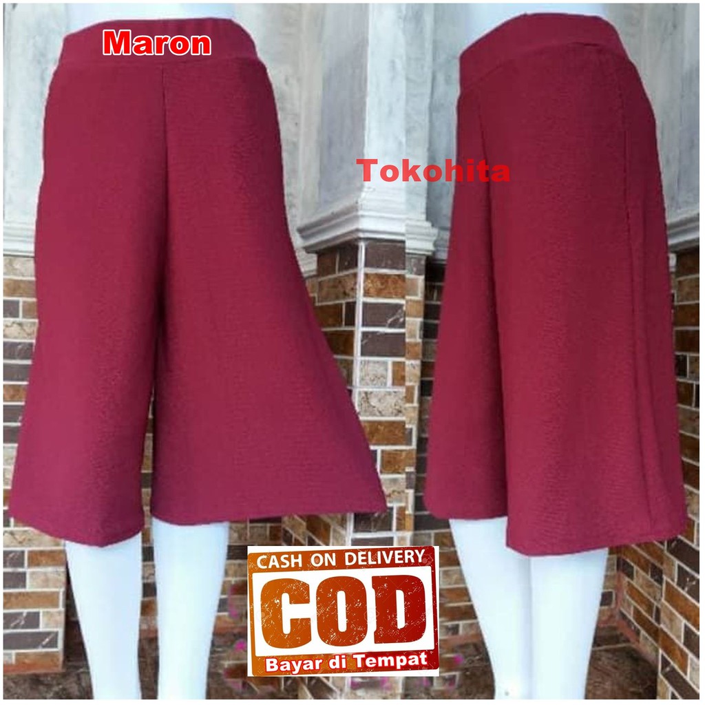 Morashop Celana Kulot Pendek 3/4 Polos Bahan Waffle Crepe Kulit Jeruk-Maron