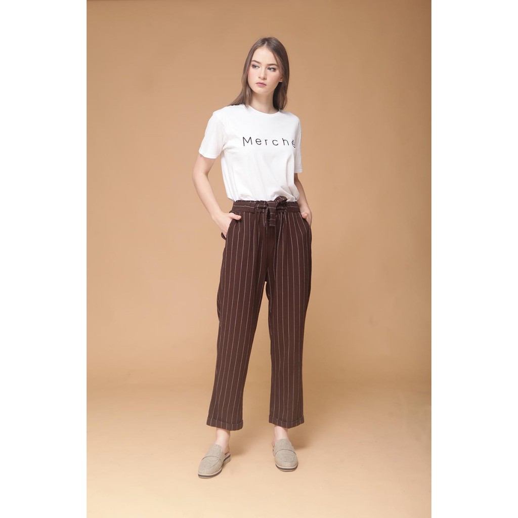  Celana  Wanita Linen Chino  Pants  Stripes Choco Brown Merche 