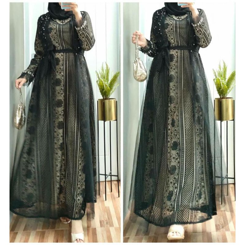 DRESS BRUKAT KOMBI TILE MUTIARA HITAM CANTIK