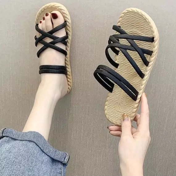 Sendal Wanita Tali Women Sandals Fashion Roman Cross Straps Flat Shoes MALL SHOPPING