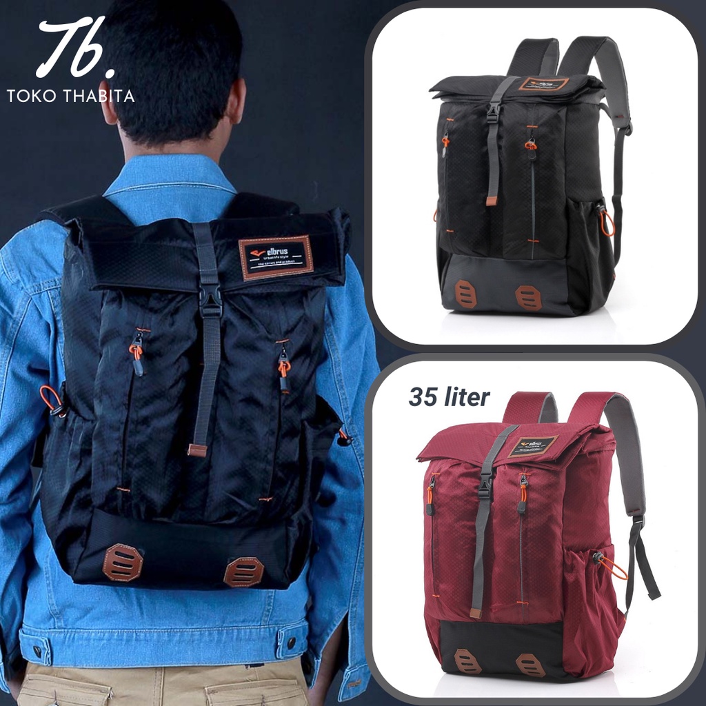 Elbrus Tas Punggung Pria Ransel Backpack Tutup Lipat Gulung Rolltop Tahan Air Hitam Merah Original