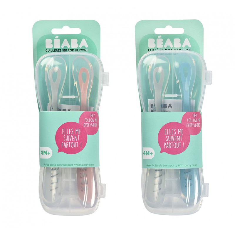 Beaba 1st Age Soft Silicone Spoon 2 Pack with Case - Blue / Pink