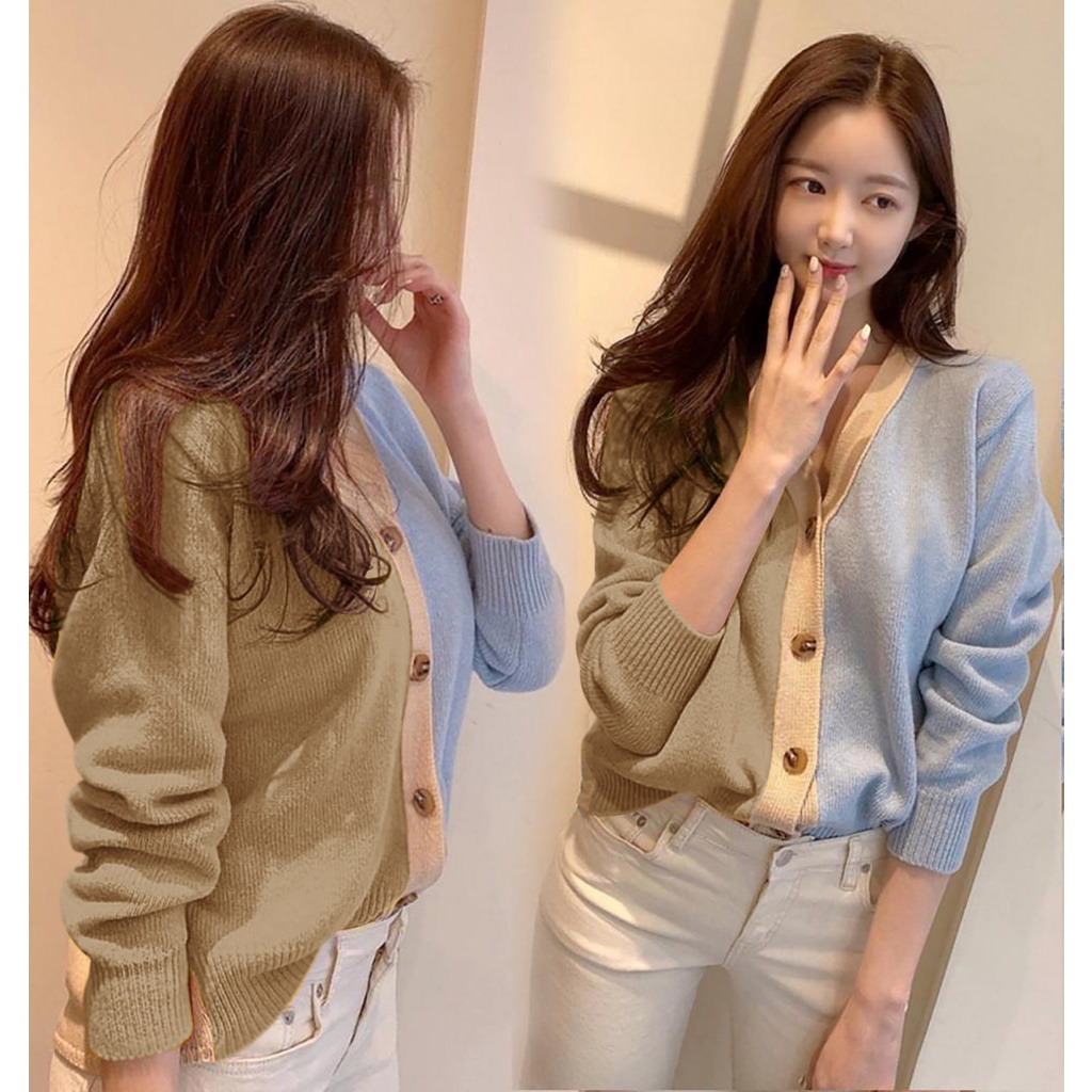WSE390 - Cardigan Sweater Nora 2 Tone Kardigan Cantik Kancing Hidup PREMIUM QUALITY