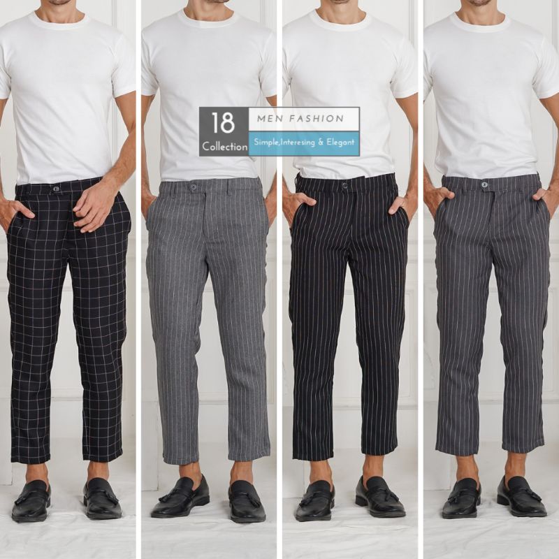 [Best Seller] Men Trousers Stripe &amp; Plain Celana Bahan Kantoran Motif Garis &amp; Polos