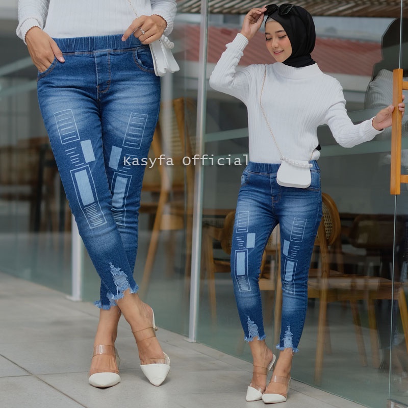 LESLAR CELANA JEGGING JEANS SOBEK 7/9 // LEXY JEANS LASER KOTAK FULL KARET #2