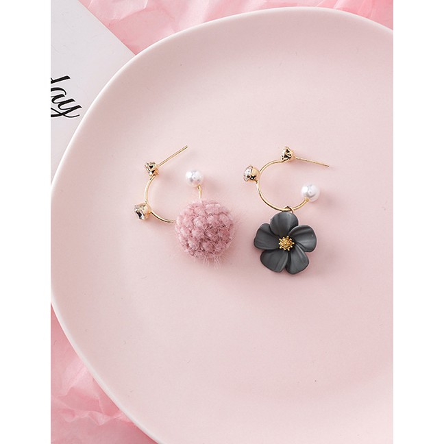 LRC Anting Tusuk Fashion A Pink Fur Ball Pearl Asymmetric Flower Hair Ball Earrings D63789