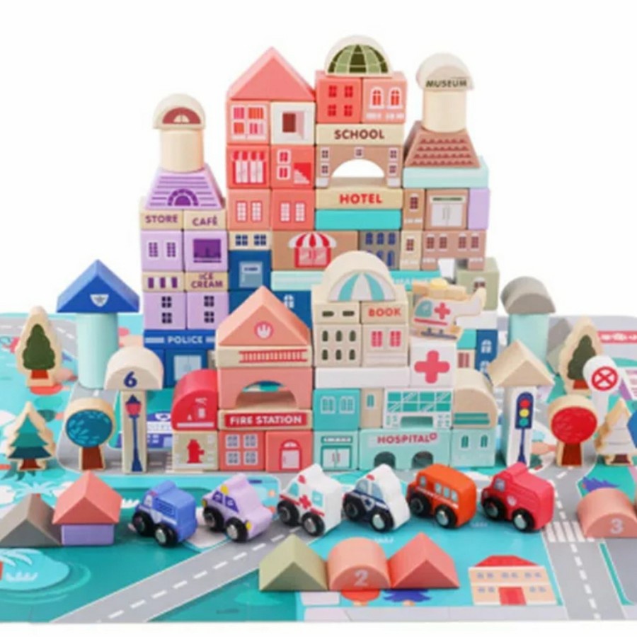 Mainan balok kayu magic color city building block 115 pcs