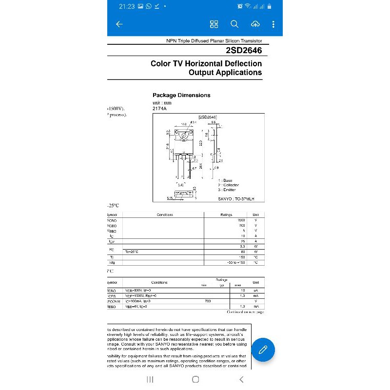 TRANSISTOR HORISONTAL 29 INCH D2646