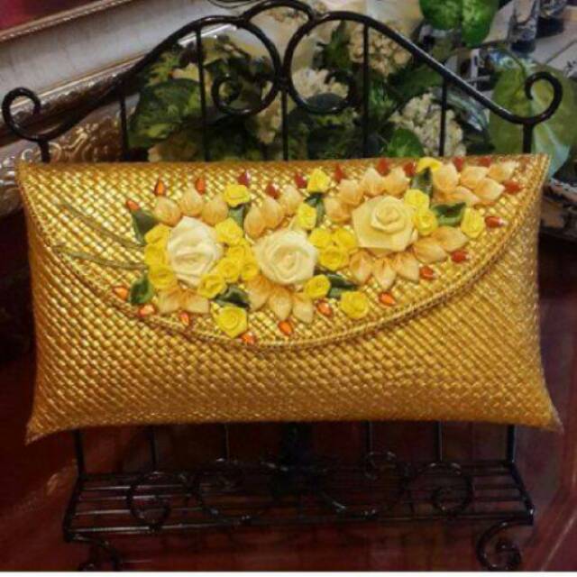 Clutch anyaman pandan gold silver flower // tas genggam // clutch resmi
