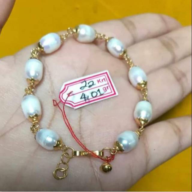 Gelang mutiara air tawar lombok asli rangka emas 22 karat