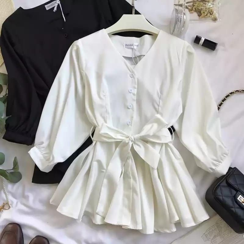 Kemeja Wanita Blouse Tali Pinggang Lengan Panjang Balon Terkini V neck