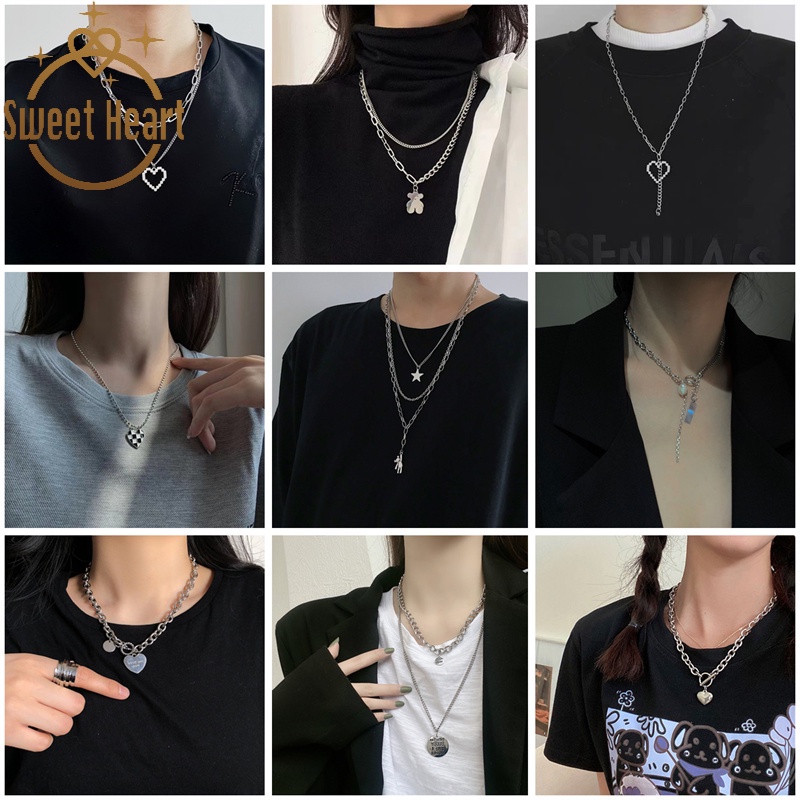 Kalung Rantai Panjang Multilayer Desain Beruang Hati Gaya Hip Hop Untuk Wanita