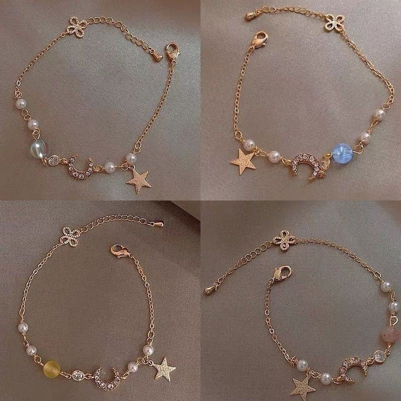 Gelang Rantai Mutiara Kristal Bentuk Bulan Bintang Warna Pink Gaya Korea Untuk Wanita