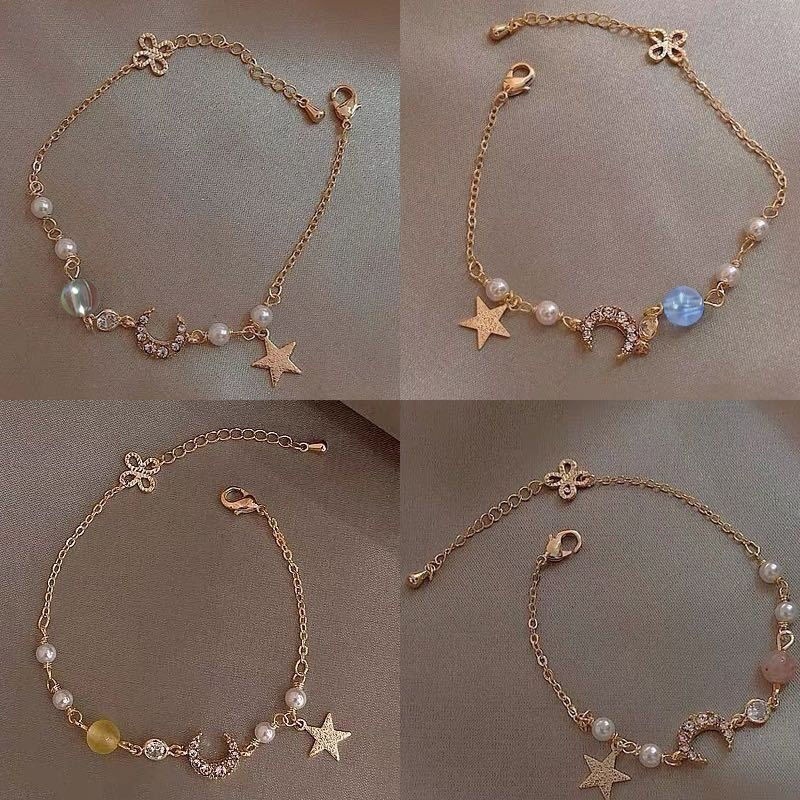 Gelang Rantai Mutiara Kristal Bentuk Bulan Bintang Warna Pink Gaya Korea Untuk Wanita