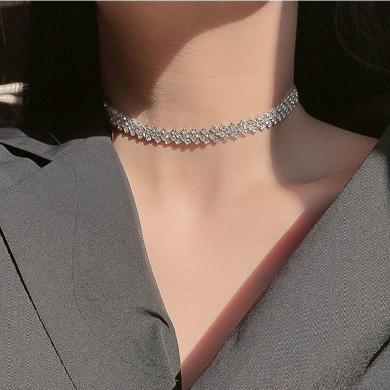 Kalung Choker Kristal Berlian Imitasi Bentuk Geometris Untuk Wanita